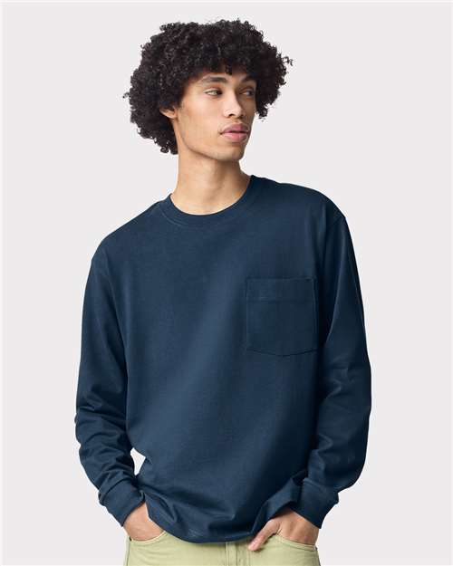 American Apparel - Camiseta unisex de manga larga con bolsillo y peso superpesado - 9410