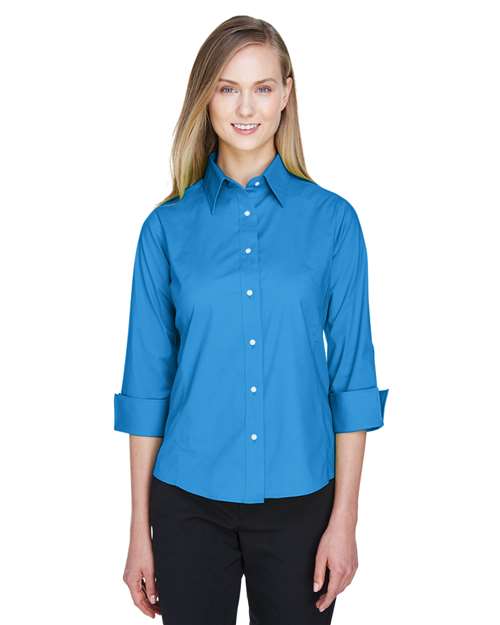 Devon & Jones - Camisa de vestir de popelina elástica con mangas tres cuartos Perfect Fit™ para mujer - DP625W