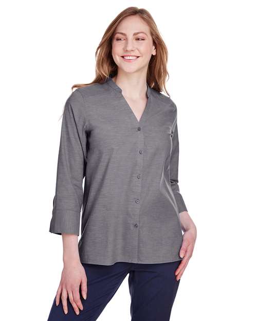Devon & Jones - Camisa de manga tres cuartos de chambra elástica Pinpoint de Crown Collection® para mujer - DG562W