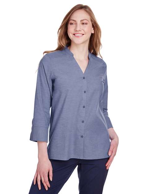Devon & Jones - Camisa de manga tres cuartos de chambra elástica Pinpoint de Crown Collection® para mujer - DG562W
