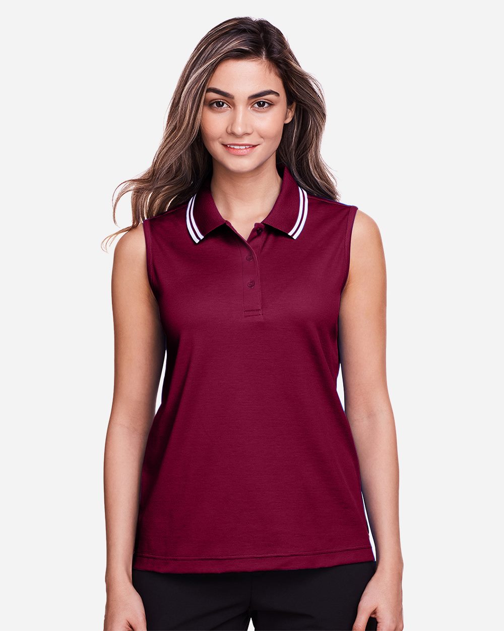 Devon & Jones - Polo sin mangas con ribete trenzado CrownLux Performance® para mujer - DG20SW