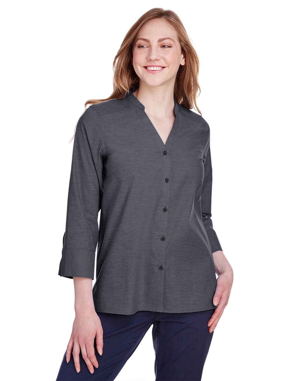 Devon & Jones - Camisa de manga tres cuartos de chambra elástica Pinpoint de Crown Collection® para mujer - DG562W