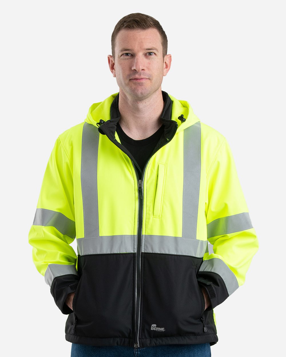Berne Apparel - Chaqueta softshell con capucha de alta visibilidad clase 3 para hombre - HVJS206