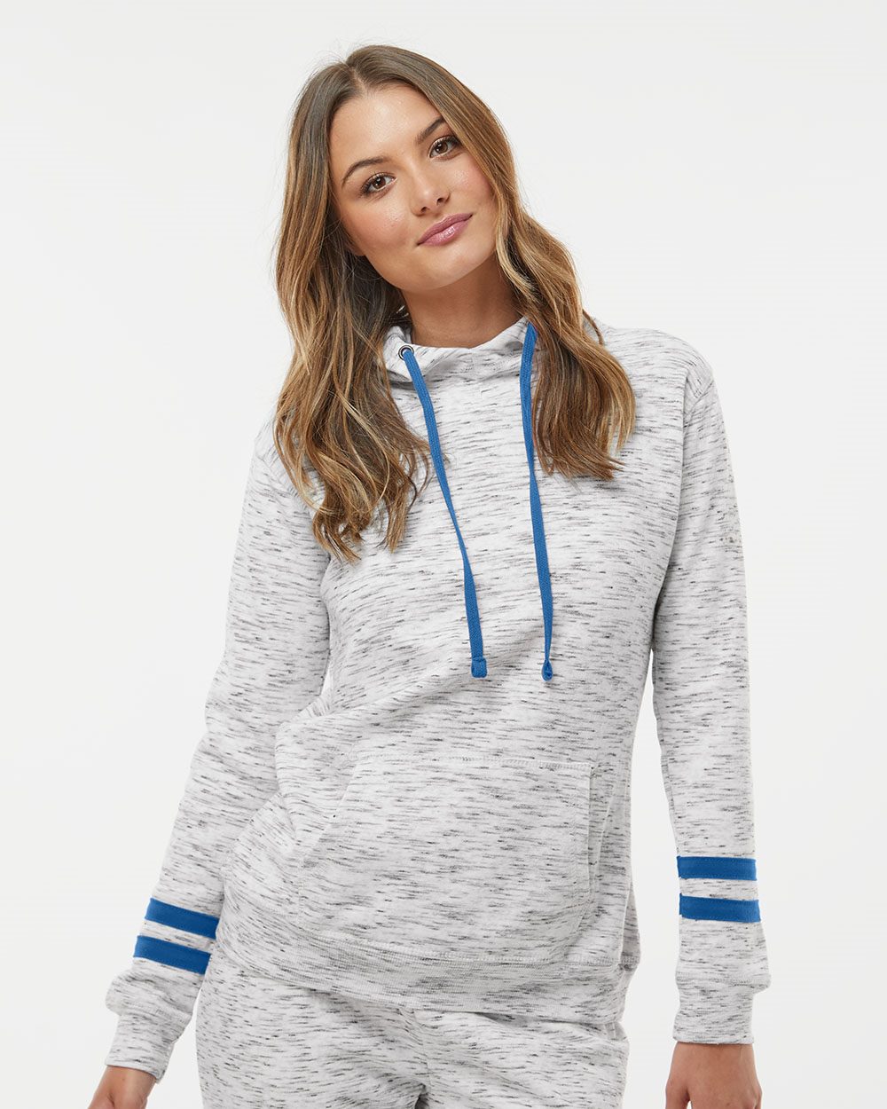 J. America - Sudadera con capucha y mangas a rayas de polar jaspeado para mujer - 8674