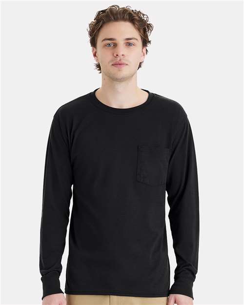 Hanes - Camiseta de trabajo unisex de manga larga con bolsillo - W120